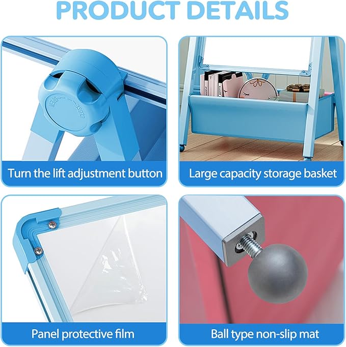 Art Easel for Kids, Double Sided Kids Easel Drawing Board, Whiteboard & Chalkboard for Kids, 360°Rotating Adjustable Kids Easel Art Set, Standing Erasable Easel Board, Easel for Classroom (Blue)