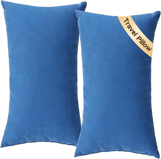 SweetSlubr Small Travel Pillows - 2 Pack, 7"x11" Mini Neck Pillow for Airplane & Long Flight, Machine Washable Headrest for Nap & Sleeping, Portable Soft Tiny Cushion for Lumbar, Knee, Ankle (Blue)