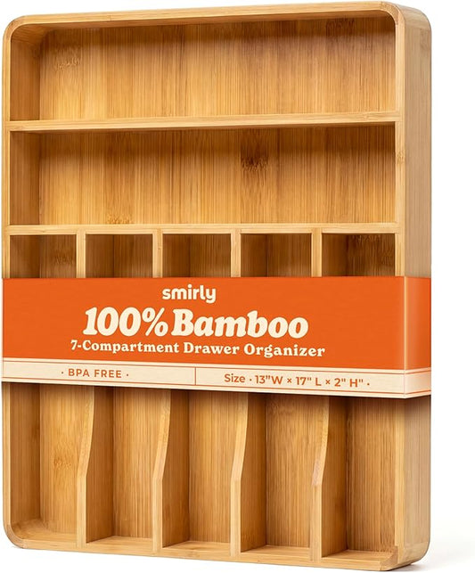 SMIRLY Silverware Drawer Organizer – Bamboo Kitchen Drawer Organizer, Adjustable Utensil Holder and Cutlery Tray, Drawer Dividers for Flatware and Kitchen Utensils