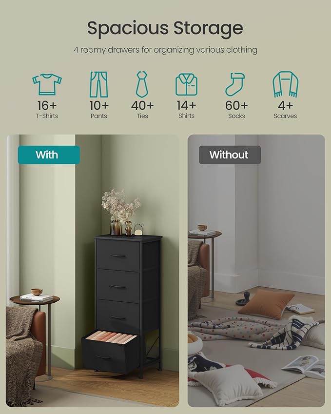 SONGMICS Dresser for Bedroom, Chest of Drawers, Steel, MDF, 4 Non-Woven Fabric Drawers, Storage Organizer Unit, Closet, Entryway, Ink Black and Ebony Black ULGS314B01S