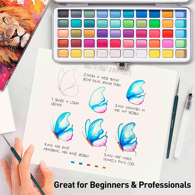 Watercolor Paint Set 100 Colors botkc Travel Water Colors kit with 7 Brushes 8 Watercolor papers Palette set Including Metallic and Accessories Art Supplies Gifts for Beginner Artists Adults and Hobbyists