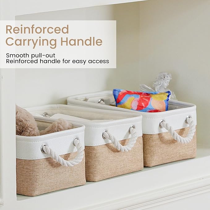 VQRTEXA Storage Baskets for Shelves 11.8x7.9x5.2 Inch, Foldable Fabric Storage Bins with Handles, Small Storage Baskets for Organizing Closet, Bathroom, Office, Home Organization (1-Pack, White&Khaki)