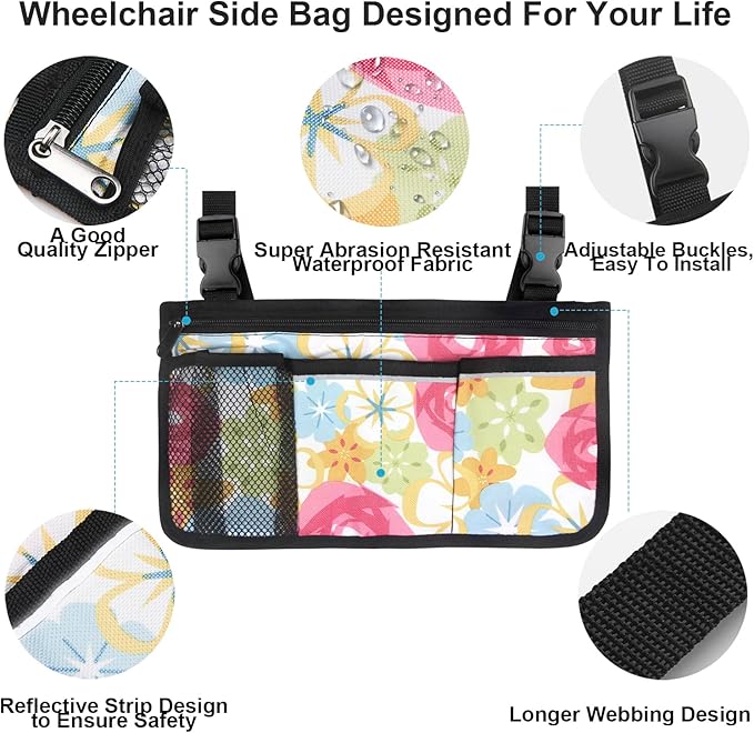 Wheelchair Side Bag, Upgrade Flower Color Wheelchair Armrest Storage Pouch with Cup Holder and Reflective Strip, Made with Waterproof Fabric, for Most Wheelchairs, Walkers and Rollators (Flower Color)