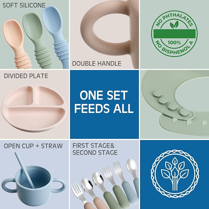 24 Pack Silicone Baby Feeding Set Baby LED Weaning Supplies Includes Suction Divided Plates Soft Bowl Spoons Forks Adjustable Bib Snack Cup and Straws(Dark Green, Dark Blue, Walnut Color)