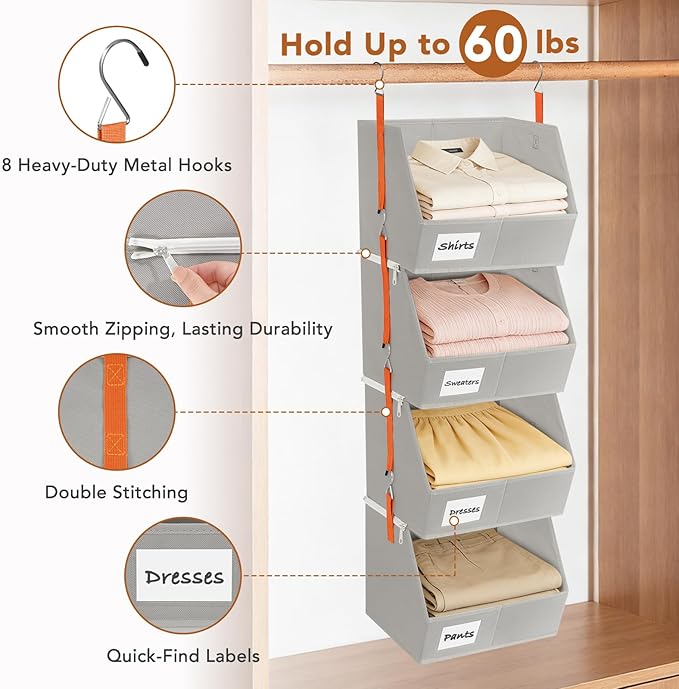 4 Pcs Modular Closet Organizer - Detachable & Foldable Hanging Storage Cubes, 88L Total Capacity, Heavy Duty Fabric Shelves for Wardrobe, Closet Organization, RV, Dorm, Grey