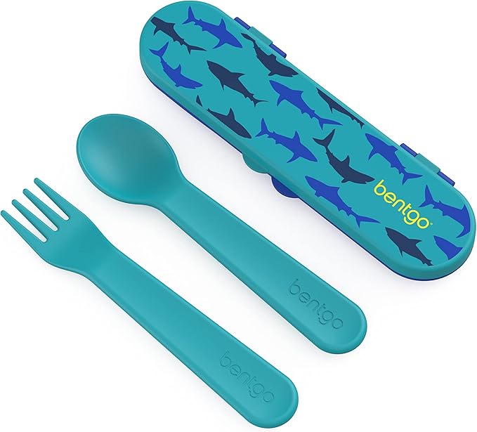 Bentgo Kids Utensil Set - Reusable Plastic Fork, Spoon & Storage Case - BPA-Free Materials, Easy-Grip Handles, Dishwasher Safe - Ideal for School Lunch, Travel, & Outdoors (Shark)