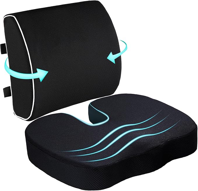 Coccyx Seat Cushion and Lumbar Support Pillow for Office Chair Wheelchair, Orthopedic Car Seat Cushion Memory Foam Back Support Cushion for Lower Back Pain,Tailbone & Sciatica Pain Relief Black
