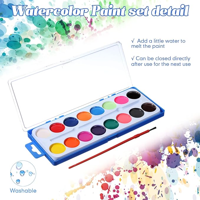 Jexine 48 Pieces Watercolor Paint Sets for Valentine's Day Gifts 16 Washable Water Color Paints Washable Bulk with Paintbrushes for Valentine School Classroom Birthday Gift Art Party Favors