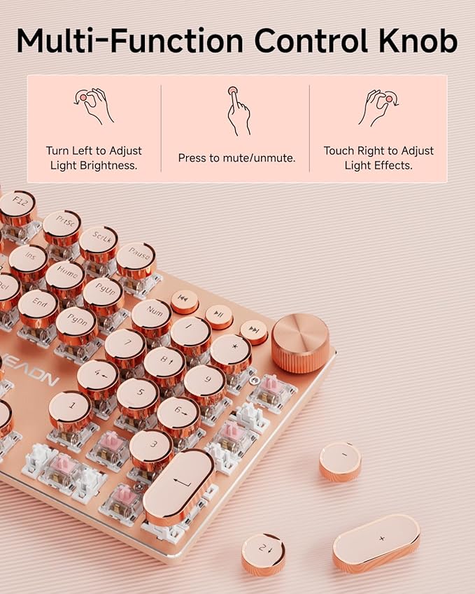 EWEADN Typewriter Style Mechanical Keyboard, Wired Typewriter Keyboard,104 Keys Retro Typewriter Keyboards, Media Control Knob, Wired Computer Keyboard Pink Switch for Windows/Mac/PC-Pink