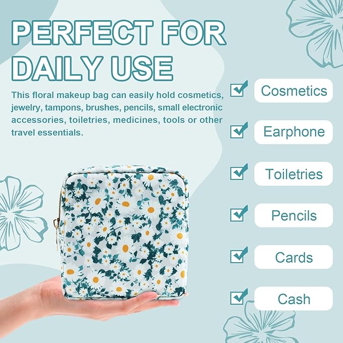 UIXIZQ Waterproof Mini Floral Makeup Bag Pouch for Purse,Nylon Flower Cosmetic Travel Bag Small Preppy Toiletry Organizers Bag for Women Girl,Cute Zipper Pouch Coin Purse for Work(Mini Green-Daisy)