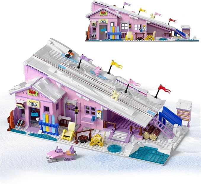 Pink Girls Ski Resort Winter Village House Building Set Compatible with Lego Friends Snow Cabin Collection, Construction Educational Toy for Kids Age 8-12 and Up 1042 PCS