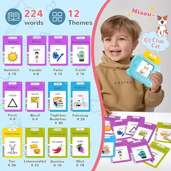 German & English Talking Flash Cards for Toddler 1-6 Year Olds, Learning Montessori Toys with 224 Sight Words, Speech Therapy Toys, Children's Sensory Preschool Learning Educational Birthday Gifts