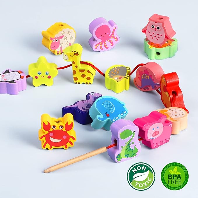 Montessori Educational Wooden Lacing Beads Toys for Toddler 3 4 5 Year Old, Farm Animals Dinosaur Fish Threading Toys Preschool Stringing Fine Motor Skills Toy for Boys Girls