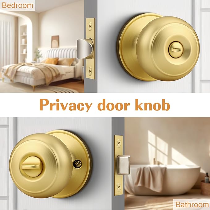 Probrico Gold Door Knobs for Bedroom Bathroom, Interior Door Knob with Round Ball, Brushed Brass Privacy Door Knob, 1 Pack