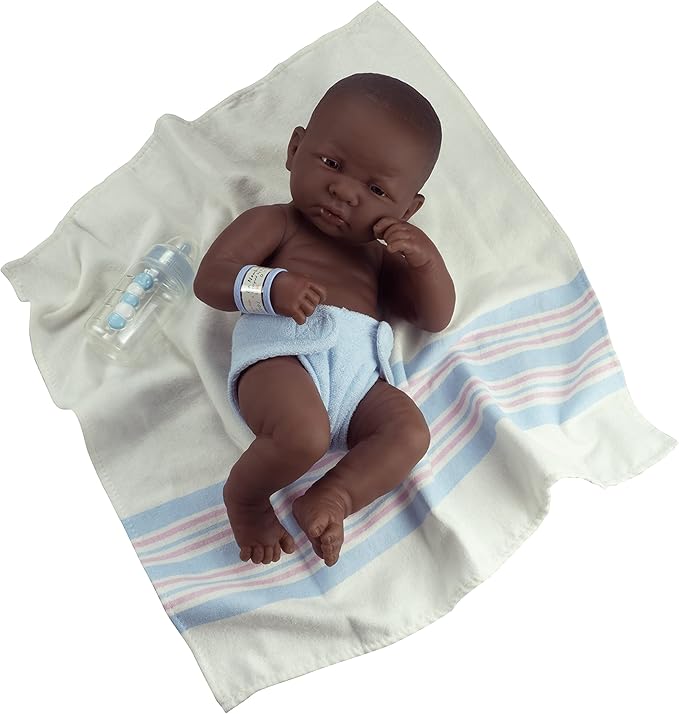 JC Toys - La Newborn First Day African American| 14" Anatomically Correct Real Boy Baby Doll | All-Vinyl Baby Doll with Accessories| Made in Spain | Ages 2+ , Blue