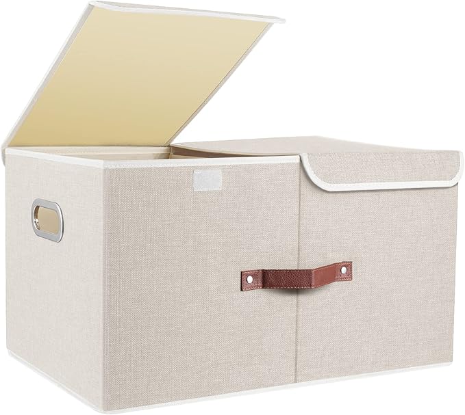 TYEERS Extra Large Collapsible Storage Bins with Lids and Compartments, Washable, Fabric Storage Boxes, 21.7x13x11.8 inches, 1 Pack, Beige
