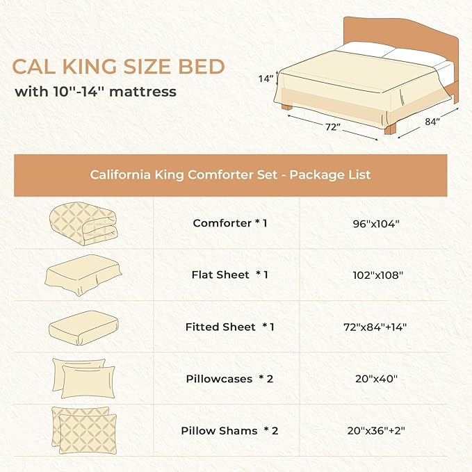 Sasttie California King Comforter Set, 7-Piece Bed in a Bag Cal King, Pintuck Bedding Set for All Season, Includes Comforter, Flat Sheet, Fitted Sheet, Pillowcases and Pillowshams, Warm Beige
