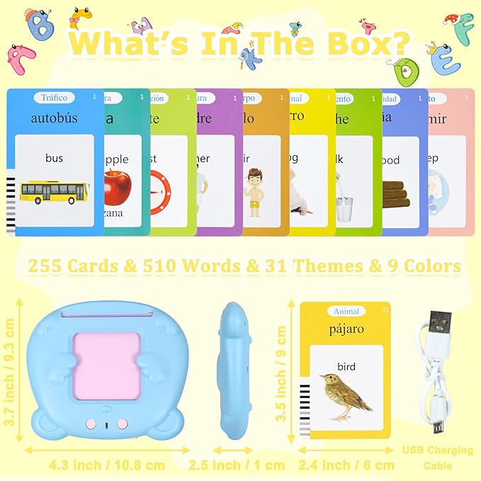 SAYEEC Toddlers Bilingual Talking Flash Cards Spanish English Montessori Toys with 510 Sight Words Kids Speech Therapy Autism Sensory Toys Learning Educational Gifts for 3 4 5 6 7 Years Old Boys Girls