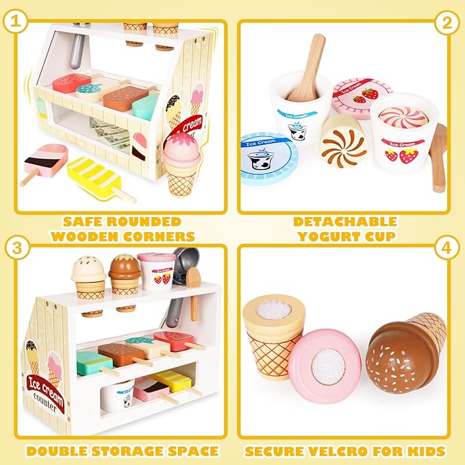 Ice Cream Counter Playset for Kids, Montessori Pretend Play Food Toys Kitchen Accessories Wooden Popsicle Set with Scoop & Fake Cash,Ice Cream Shop Toys Toddler Learning Toy for Kids