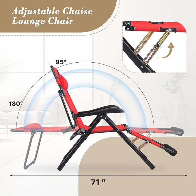 Athena Collection Zero Gravity Outdoor Lounge Chair Recliner, 27" Width Reclining Pool Lounge Lawn Chairs with Headrest Curved Armrest Foot Pad, Outdoor Chaise for Beach Patio Outside, Red