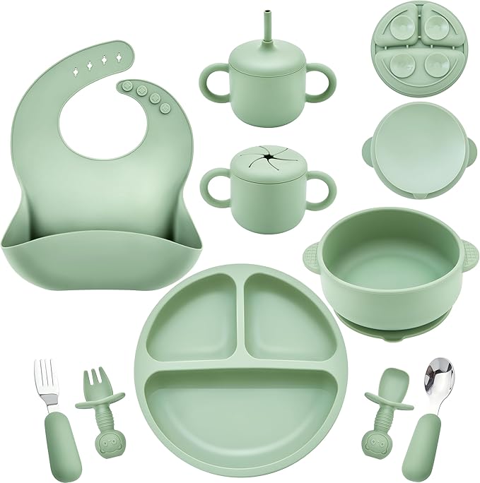 Silicone Baby Feeding Set, Baby Led Weaning Supplies, Eating Essentials Utensils with Suction Plate and Bowl, Pocket Bib, Sippy Cup with Lid, Forks Spoons Snack Container, for 6+ Months, Green