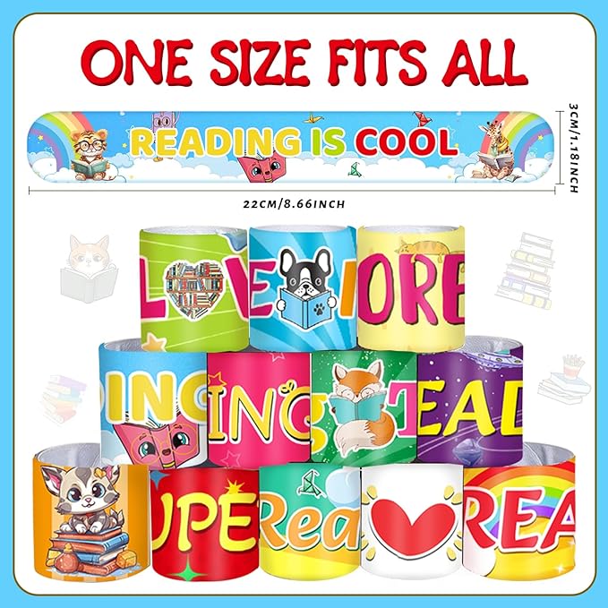 48 Pcs Reading Book Love to Read Slap Bracelets Party Favors, Book Wristbands Bracelets Goodie Bag Fillers for Reading Book Birthday Party Decorations Supplies for Kids Classroom Rewards