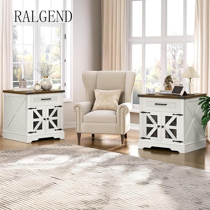 White Farmhouse End Table Set of 2, 24" Large Sofa Side Table with Drawer, Large End Table for Living Room, Wooden Nightstand with Charging Station, Square, White and Walnut