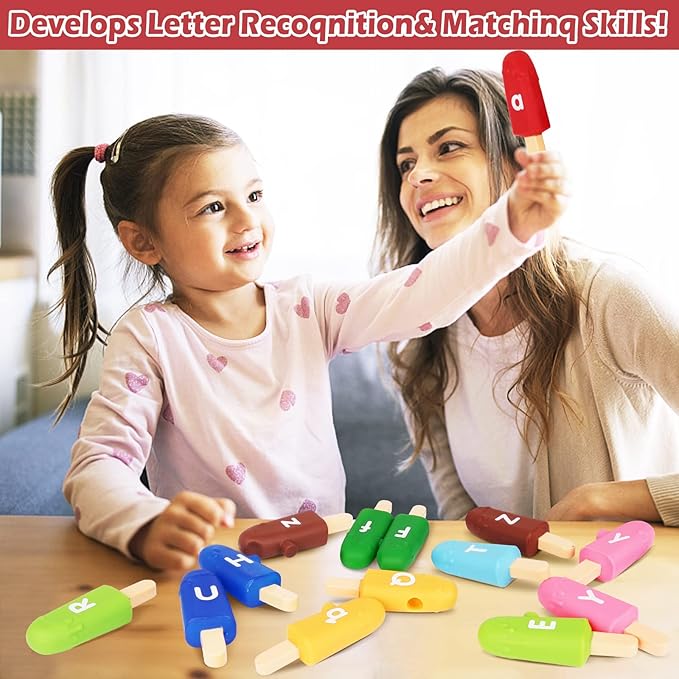Toddler Alphabet Letters Matching Learning Toys，26 PCS Double - Sided ABC Letters Popsicle Toy Alphabet Match Game Color Sorting Recognition Fine Motor Skills Preschool Montessori Toys for Kids