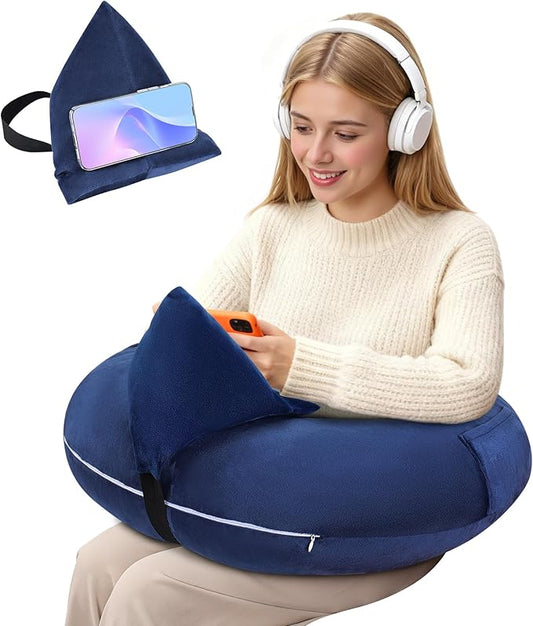 Crochet Lap Support Pillow - Multi-Purpose Reading Pillow for Gaming/Working/Nursing, with Removable Extra Back Pillow for Lumbar & Back Support, Enlarged U-Shape Gaming Lap Pillow, Blue