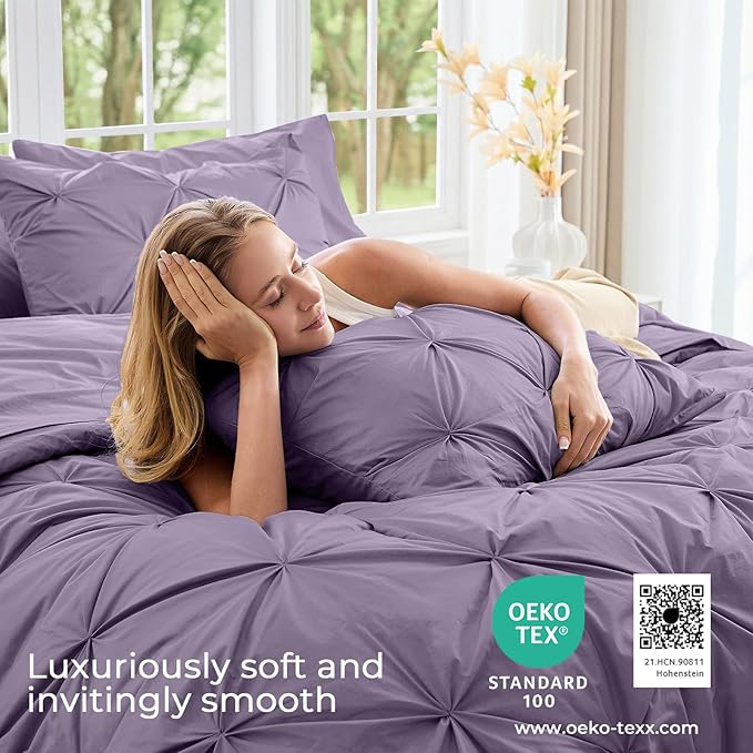 Sasttie Full Size Comforter Set, 7-Piece Bed in a Bag, Pintuck Bedding Set for All Season, Includes Comforter, Flat Sheet, Fitted Sheet, Pillowcases and Pillowshams, New Purple