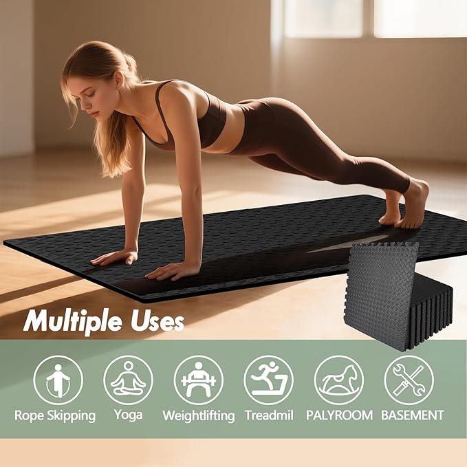 24 Sq Ft (6 Tiles) Interlocking Exercise Mats, EVA Foam Gym Floor Tiles for Home Gym, Yoga, Kids Playroom, Non-Slip Protective Flooring