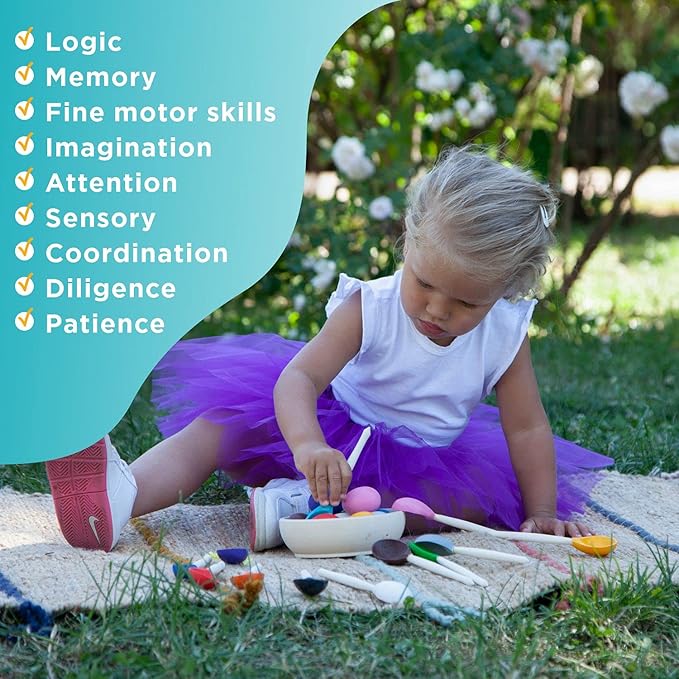 Ulanik Eggs and Spoons Toddler Montessori Toys for 1 Year Old + Kids Wooden Eggs Baby Matching Game for Learning Color Sorting and Counting — 12 pcs, 1.8 in