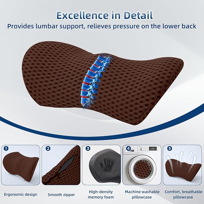 Lumbar Pillow, Memory Foam Lumbar Support Pillow for Office Chair and Car Seat, Ergonomic Streamline Back Pillow for Lower Back Pain Relief, Back Support Pillow for Sitting, Driving, Traveling