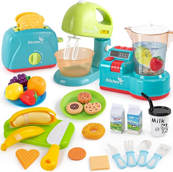 Golray 28pcs Play Kitchen Appliances Toy for Kids, Electric Mixer Toaster Blender with Light&Sound, Cutting Play Food, Pretend Kitchen Accessories, Toddler Birthday Gift Toy for Boy Girl 3 4-8 Year