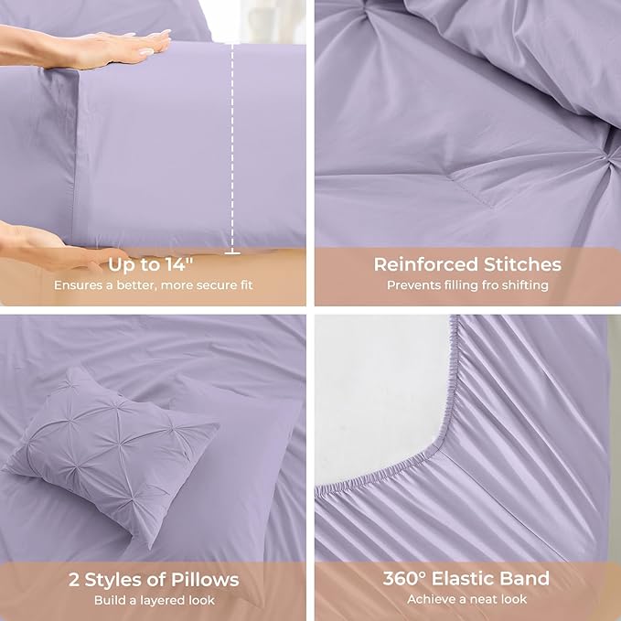 Sasttie King Size Comforter Set, 7-Piece Bed in a Bag, Pintuck Bedding Sets for All Season, Includes Comforter, Flat Sheet, Fitted Sheet, Pillowcases and Pillowshams, Lavender