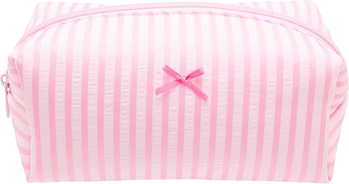 Cozy Makeup Bag Small Aesthetic Travel Zipper Cosmetic Pouch for Women Make Up Beauty Accessories Brushes, Stripe Cute Pink