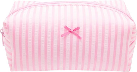 Cozy Makeup Bag Small Aesthetic Travel Zipper Cosmetic Pouch for Women Make Up Beauty Accessories Brushes, Stripe Cute Pink