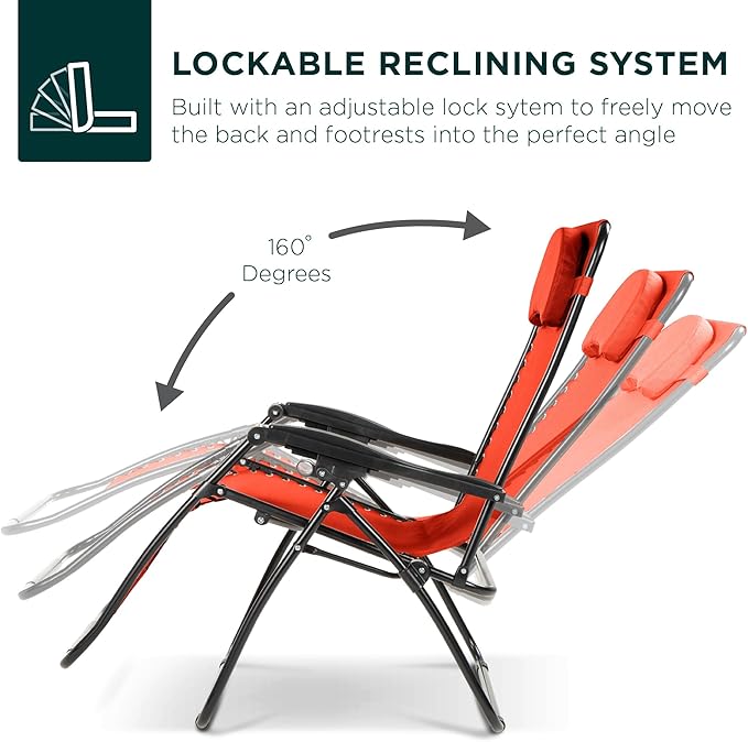 Best Choice Products Oversized Zero Gravity Chair, Folding Outdoor Patio Lounge Recliner w/Cup Holder Accessory Tray, Pillow - Burnt Orange