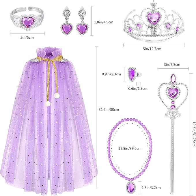 Fedio Princess Cape Set 7 Pieces Girls Princess Cloak with Tiara Crown, Wand for Little Girls Dress up (Purple)