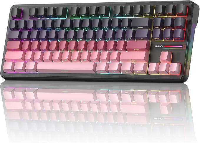 Aula F87 Pro Gaming Keyboard, Tri-Mode BT5.0/2.4GHz/USB-C Hot-Swappable RGB Wireless Mechanical Keyboard, Gasket Mount, 8000mAh, for Windows/Mac Gamer & Typists（LEOBOG Gray Wood Switch V4）