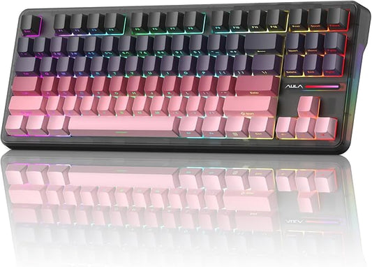 Aula F87 Pro Gaming Keyboard, Tri-Mode BT5.0/2.4GHz/USB-C Hot-Swappable RGB Wireless Mechanical Keyboard, Gasket Mount, 8000mAh, for Windows/Mac Gamer & Typists（LEOBOG Gray Wood Switch V4）