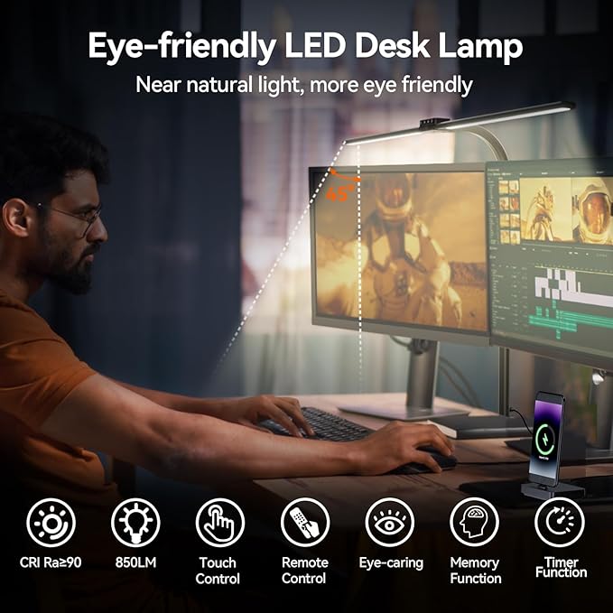 LED Desk Lamp for Home Office - 24W Eye-Caring Architect Clamp Light for Dual Monitors, Bright Task Light with USB Port, Touch Dimming, 5 Colors & 50 Modes, Flexible Gooseneck for Read, Study, Craft
