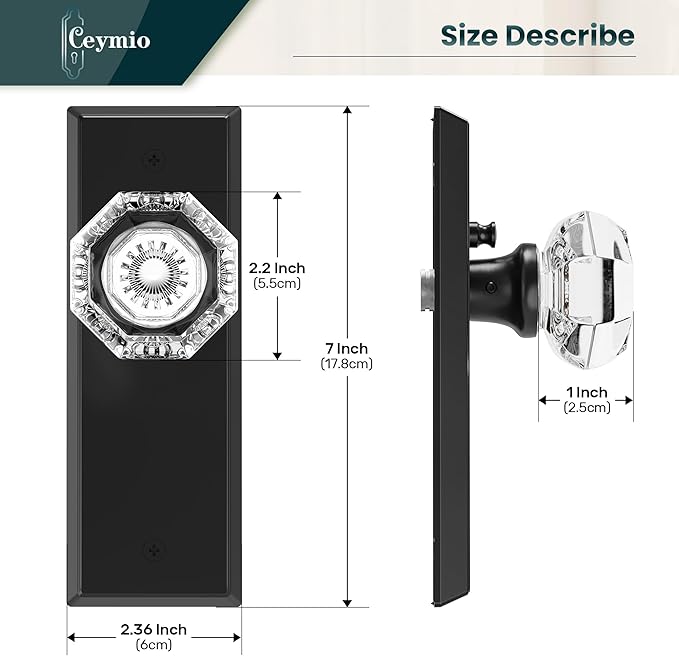 Glass Door Knobs for Interior Doors - Vintage Crystal Privacy Bedroom & Bathroom Door Knob with Lock - Diamond Cut Door Handle - Matte Black Finish (1 Pack)