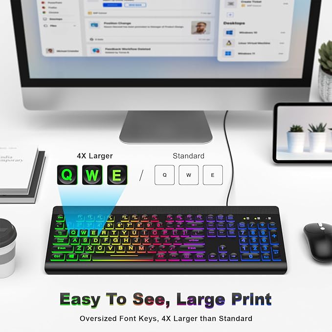 Large Print Backlit Keyboard, Multiple Color Rainbow LED Backlit Large Size USB Wired Computer Keyboard, Full Size Multimedia Keyboard for Windows Desktop, Laptop, PC