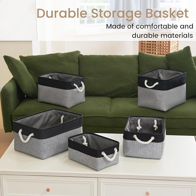 VQRTEXA Storage Baskets for Shelves 11.8x7.9x5.2 Inch, Foldable Fabric Storage Bins with Handles, Small Storage Baskets for Organizing Closet, Bathroom, Office, Home Organization (3-Pack, Black&Gray)