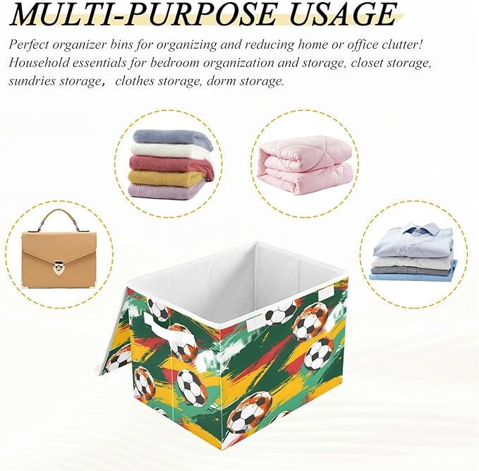 senya Large Storage Bins with Linen Collapsible Foldable Storage Cubes Fabric Closet Organizer Containers box with Flip-Top Lid for Home Bedroom Office 16.7 x 12.6 x 11.8in (Football)