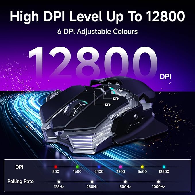 EWEADN G5 Wireless gaming mouse, 12800 Adjustable DPI RGB Mouse with 6 Backlit Modes, Rapid Fire Key, 9 Programmable Macro Buttons, Rechargeable Bluetooth Mouse for PC/Mac/Laptop - Black