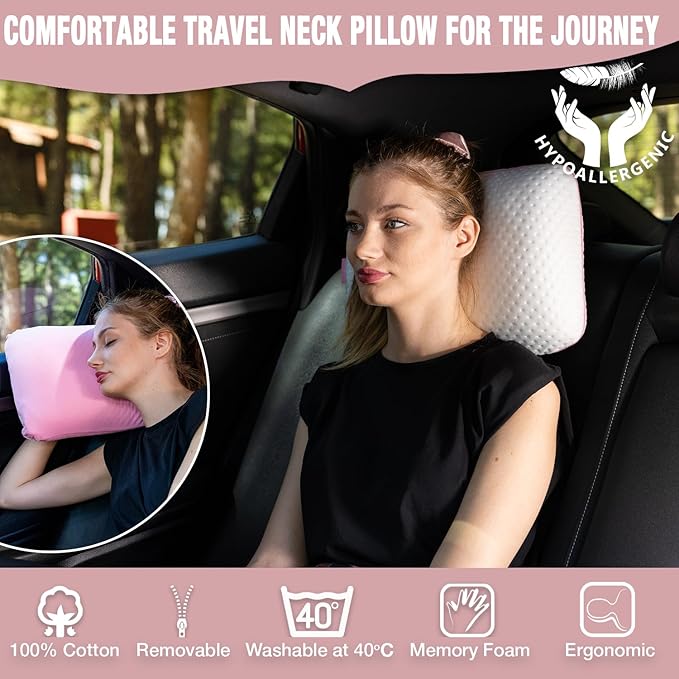 alkamto Travel & Camping Comfortable Memory Foam Pillow – Easy to Carry Portable Bag – Temperature Regulating Pillow Case (Pink + Extra Cover)