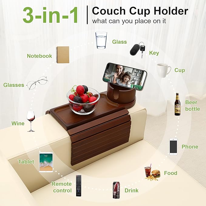 Couch Cup Holder,Bamboo Couch Arm Tray with 360° Rotating Cup Holder,Foldable Anti-Slip Sofa Arm Chair Tray for Eating Snack Drink Side Table
