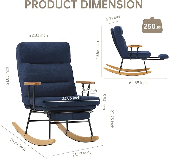 Rocking Chair with Footrest-Glider Rocker Chair with Retractable Footrest and Adjustable Backrest, Teddy Upholstered Rocking Chair Set of 2, Accent Chair for Living Room/Nursery/Bedroom/Outdoor-Blue